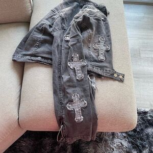 Gray and White Jean Jacket with Decorative Patches